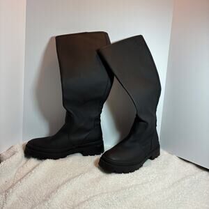 JUSTFAB CASSIETTA LUG SOLE TALL RAIN BOOTS Wm Size 12 Black Faux Leather